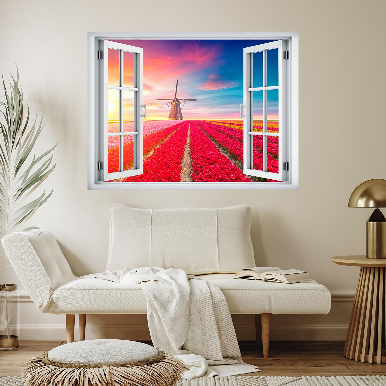 wall26 Removable Wall Sticker/Wall Mural Window View Vibrant Sunset Dutch Windmill Flower Field Nature Wilderness Photography Realism Landscape Multicolor for Living Room  Bedroom  Office - 24''x32''